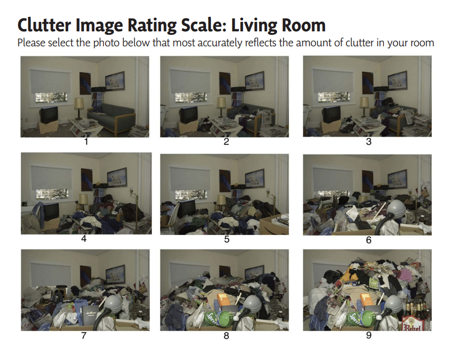 An image showing 9 different pictures of a living room, each with progressively more clutter